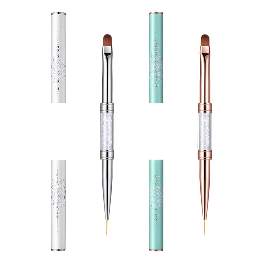 HJZHII 2Pcs Double-Ended Builder Gel Brush, French Tip Brush Hard Gel Brushes Oval French Tip Brushes Builder Gels Brushs Set with Rhinestone Handle for Design Nail