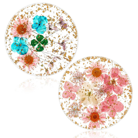 AOZUO Set of 2 Coasters with Dried Flowers, Resin Drinks Coasters, Beer Mats, Round Floral Pattern, Non-Slip Glass Coasters for Cups, Table Coasters, Birthday, Xmas Gifts
