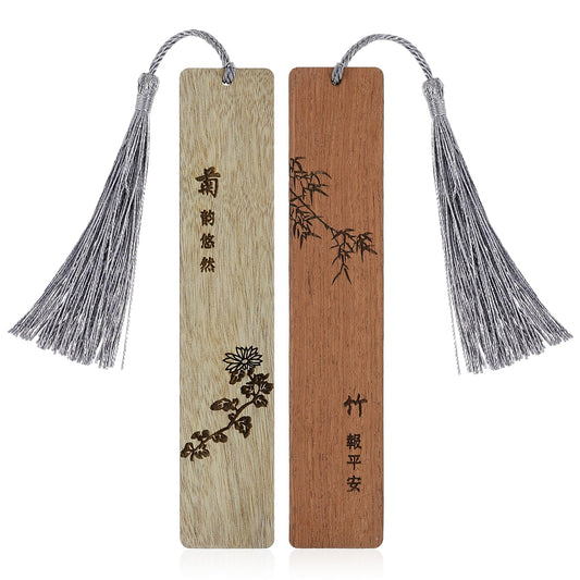 Amabro 2Pcs Wooden Bookmark, Handmade Natural Wood Carving Book Mark with Tassel Traditional Book Mark Vintage Bookmark Gift for Women Men Students Book Lovers()