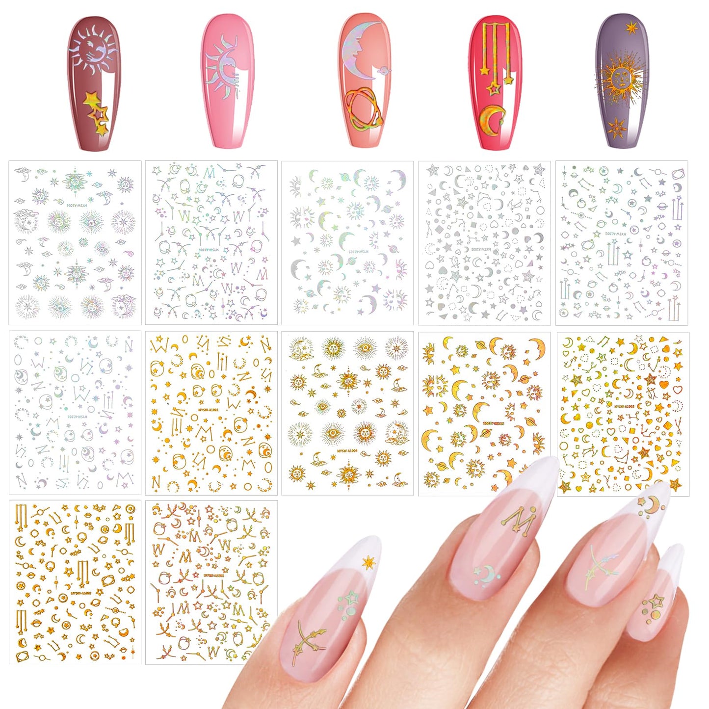 Amaxiu 12 Sheets/Set Moon Star Sun Nail Art Stickers, Self Adhesive 3D Nail Art Decals Outer Space Planets Nail Design Makeup Decorations Supplies for Women DIY Manicure(Holographic Gold & Silver)