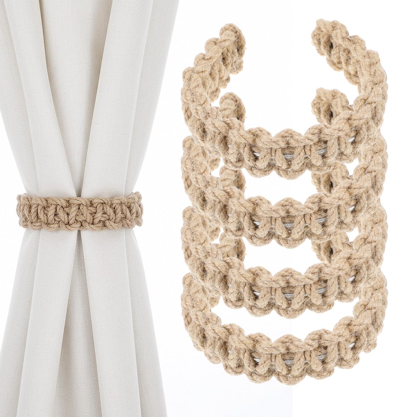 TIESOME 4 Pack Braided Curtain Tiebacks, Boho Curtain Holders for Drapes Farmhouse Rustic Style Drapes Holdbacks Handmade Light Weight Drapes Decorative Accessories for Home Office Bedroom Window