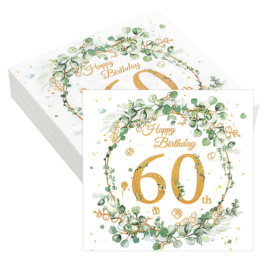 MBAIYO 60th Birthday Decorative Napkins, Serviettes 60th Birthday Man, Pack of 40 Handkerchiefs Eucalyptus Gold Green Paper Napkins for Cradle Party Man Woman Party Happy Birthday Decoration
