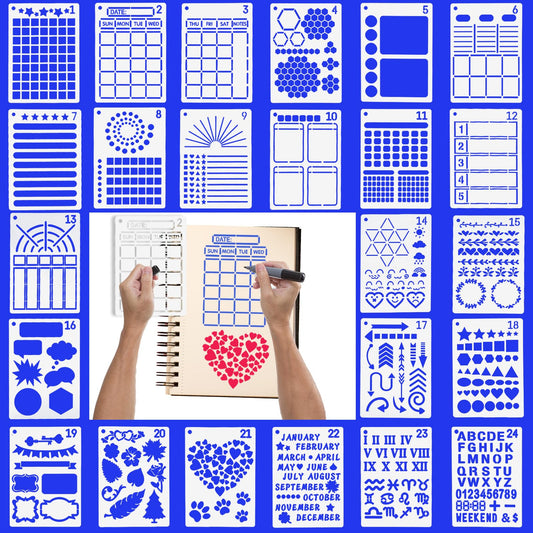 TIESOME 24 PCS Journal Stencils Templates Set with Stainless Steel Chain, 7 x 5inch Journal Stencils Templates Set Supplies Stencil Journal Stencils for Dotted Journals Notebook Scrapbook Calendar(A)