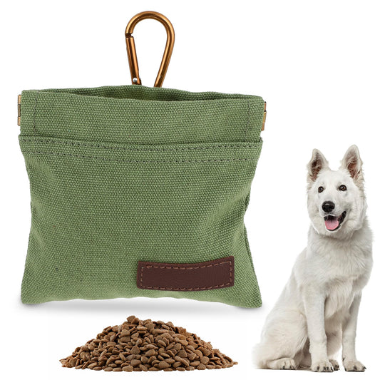 Jeffdad Canvas Dog Treat Pouch, Portable Puppy Dog Training Treat Pouch with Carabiner, Hands-Free Auto Closing Pet Snack Reward Pocket, For Pet Training Travel or Outdoor Use(Army Green)