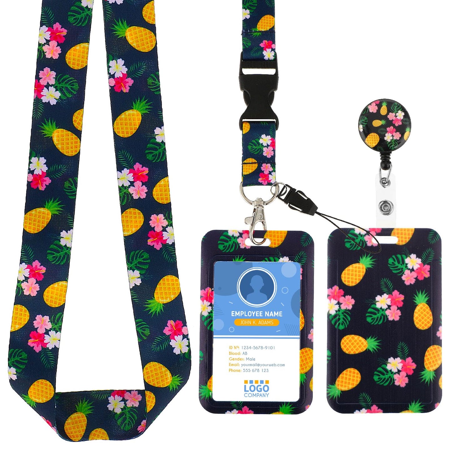 Amabro ID Badge Holder with Lanyard, Retractable Badge Reel Clip with Adjustable Lanyards Durable Neck Lanyard for Offices Staff Students Employees Teacher (Pineapples Flower)