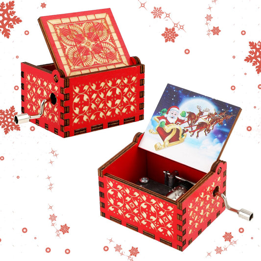 Amaxiu Christmas Music Box Gift, Wooden Hand Crank Music Boxes Mini Vintage Engraved Musical Boxes with Christmas's Theme Merry Christmas Decorations Gifts for New Year (Jingle Bells, B)