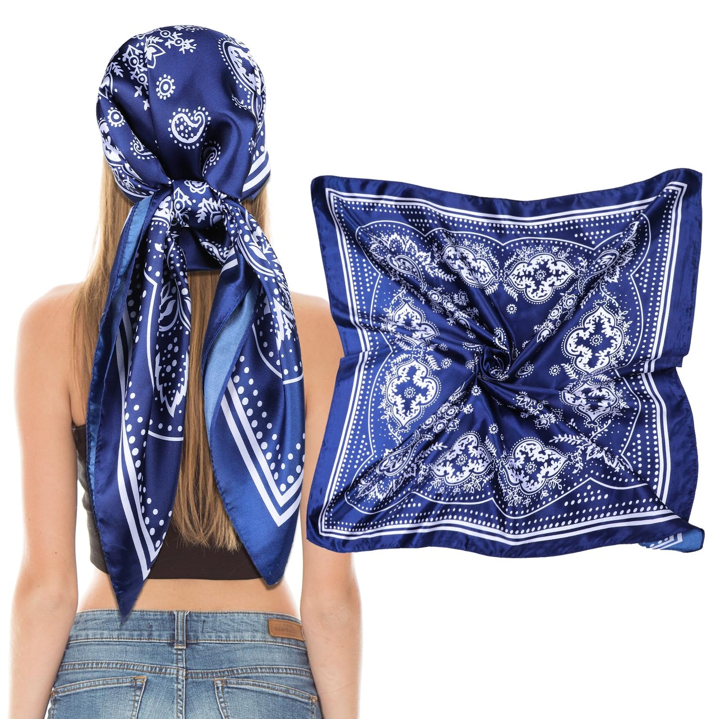 Giantree Women Square Satin Head Scarves Satin Scarf, 35" Large Soft Square Satin Scarf Bandana Scarf Satin Women's Scarves Neck Headscarf Decoration Headwear Gift for Women(Navy Blue)