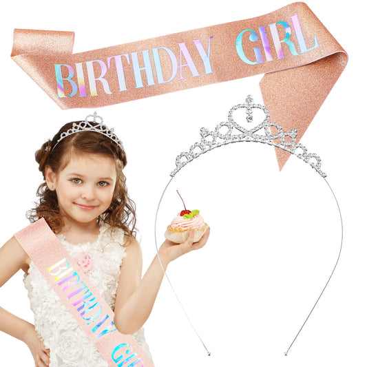 Amabro Birthday Girl Sash and Tiara Set, Rhinestone Crowns Glitter Headbands Kit Princess Birthday Gifts Birthday Party Celebration Favors for Women