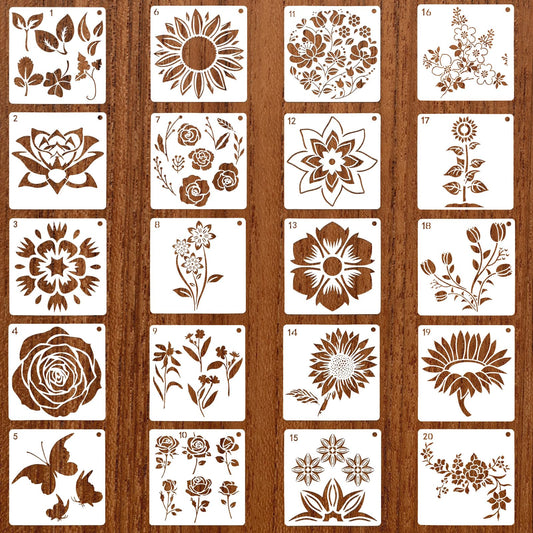 Giantree Floral Stencils for Painting, 20 Pcs 5.9 Inch Flower Stencils for Crafts Rock Painting Large Sunflower Painting Stencil Reusable Stencils for Painting on Wood Wall Tile Floor Home Decor