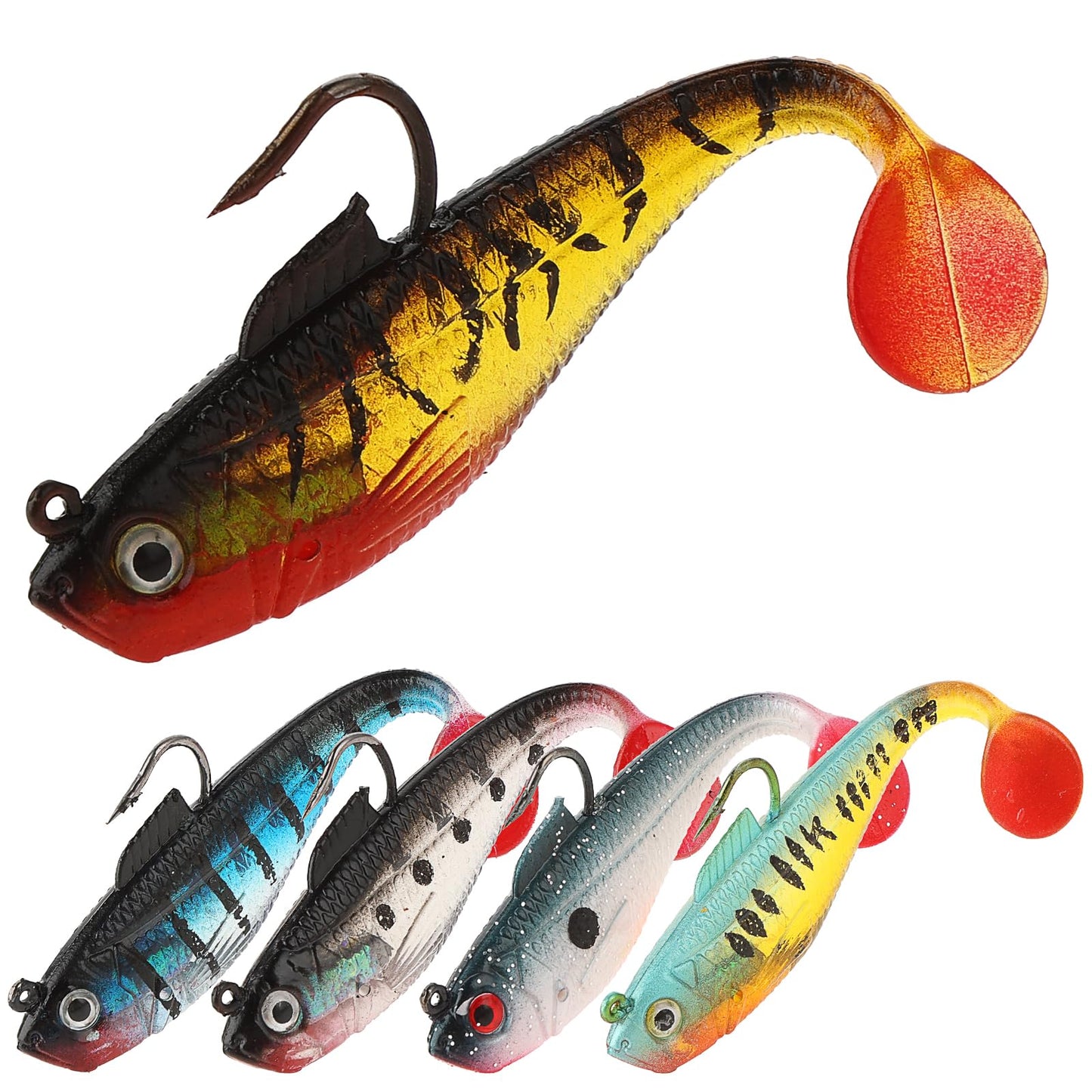 TIESOME Realistic Soft Fishing Lures for Bass,5Pcs Silicone Paddle Tail Swimbait for Seabass Pre-Rigged Jig Head Fishing Lure for Predatory Fish Freshwater Saltwater 3.2in-0.32oz/4.3in-0.86oz(11cm)