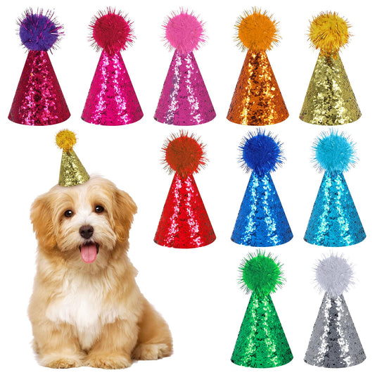 BOHUIZ 10 Pcs Mini Party Hats for Stuffed Animals, Glitter Mini Small Dog Hats Cat Birthday Party Hat Adjustable Headbands Dog Birthday Hats for Puppy Kitten Holiday Costume Accessories