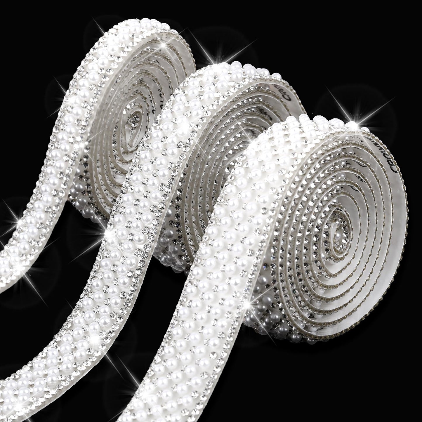 TIESOME 3 Rolls Pearl Rhinestone Ribbon - 3 Sizes Self-Adhesive Bling Diamond Strips With Crystal Pearls for Wedding, Birthday Party Decorations