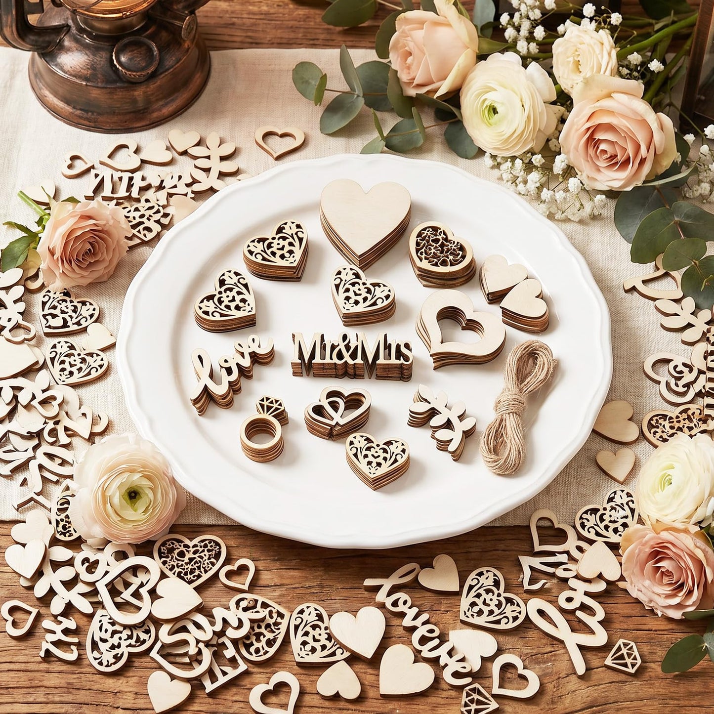 WJIAAA 394 Pieces Wedding Decoration Wooden Hearts Wooden Ring Diamond Leaf Branch Mr & Mrs 10m Jute Rope