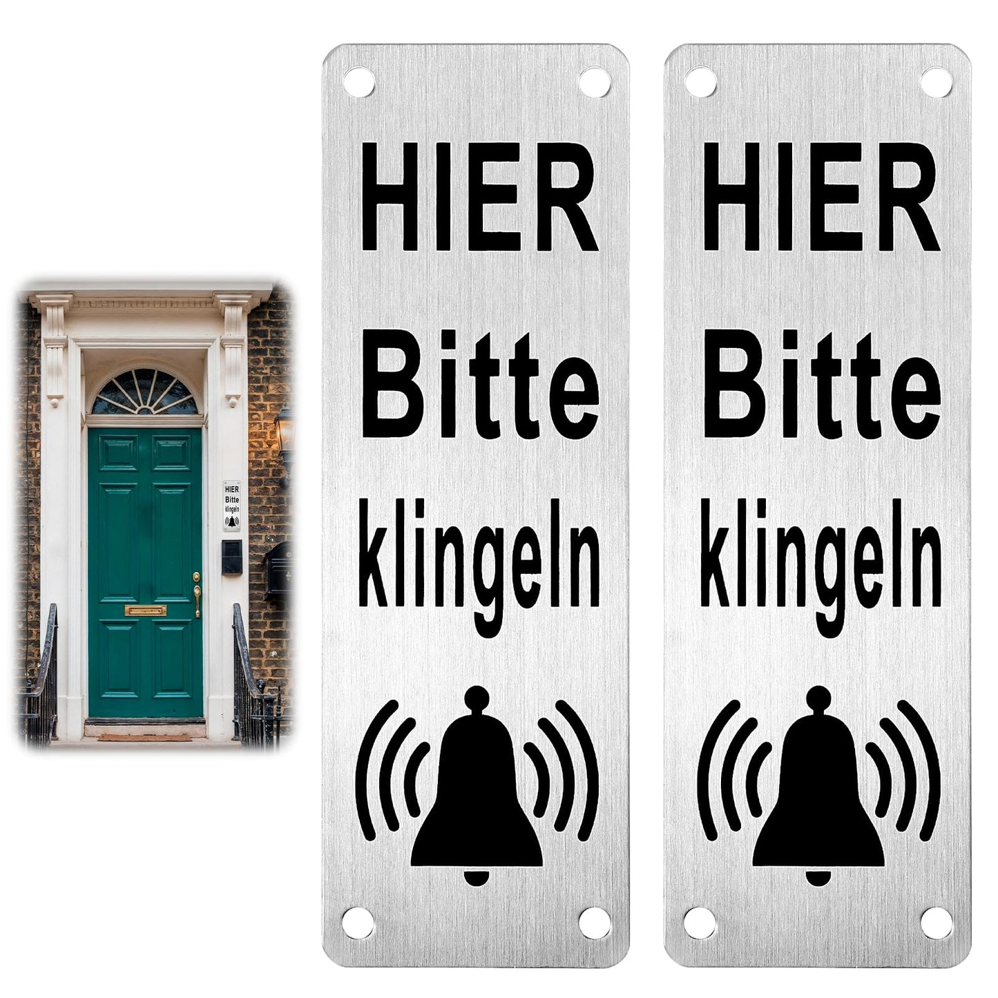 MBAIYO Pack of 2 Bell Sign, "Bitte hier Klingel", Self-Adhesive Waiting Sign, Small, 15 x 5 cm, Weatherproof Adhesive Sign, Stainless Steel, Vertical Labels, Ring, Doorbell Accessories for Front Door