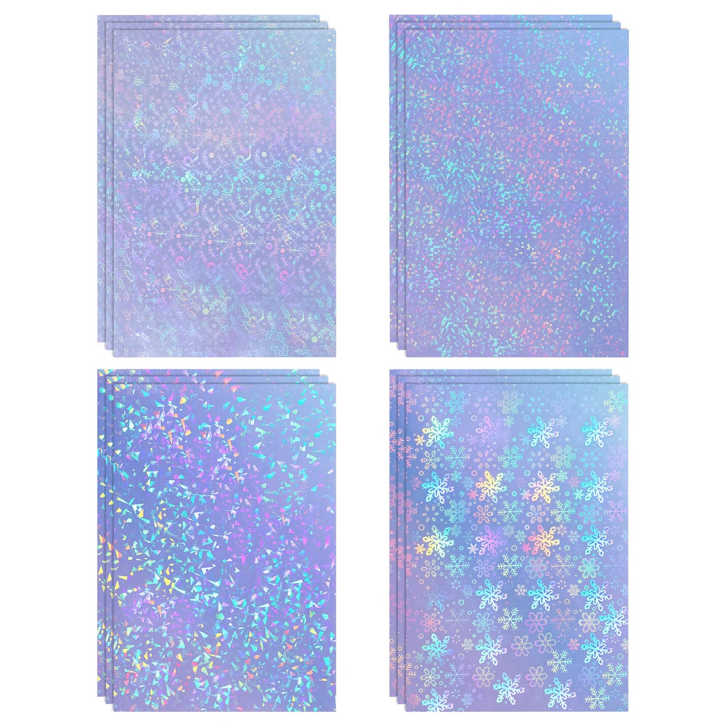 cobee Holographic Sticker Paper, 12 Sheets A4 Size Printable Vinyl Sticker 4 Styles Mixed Self Adhesive Waterproof Transparent Rainbow Sticker Paper for DIY Craft Decoration