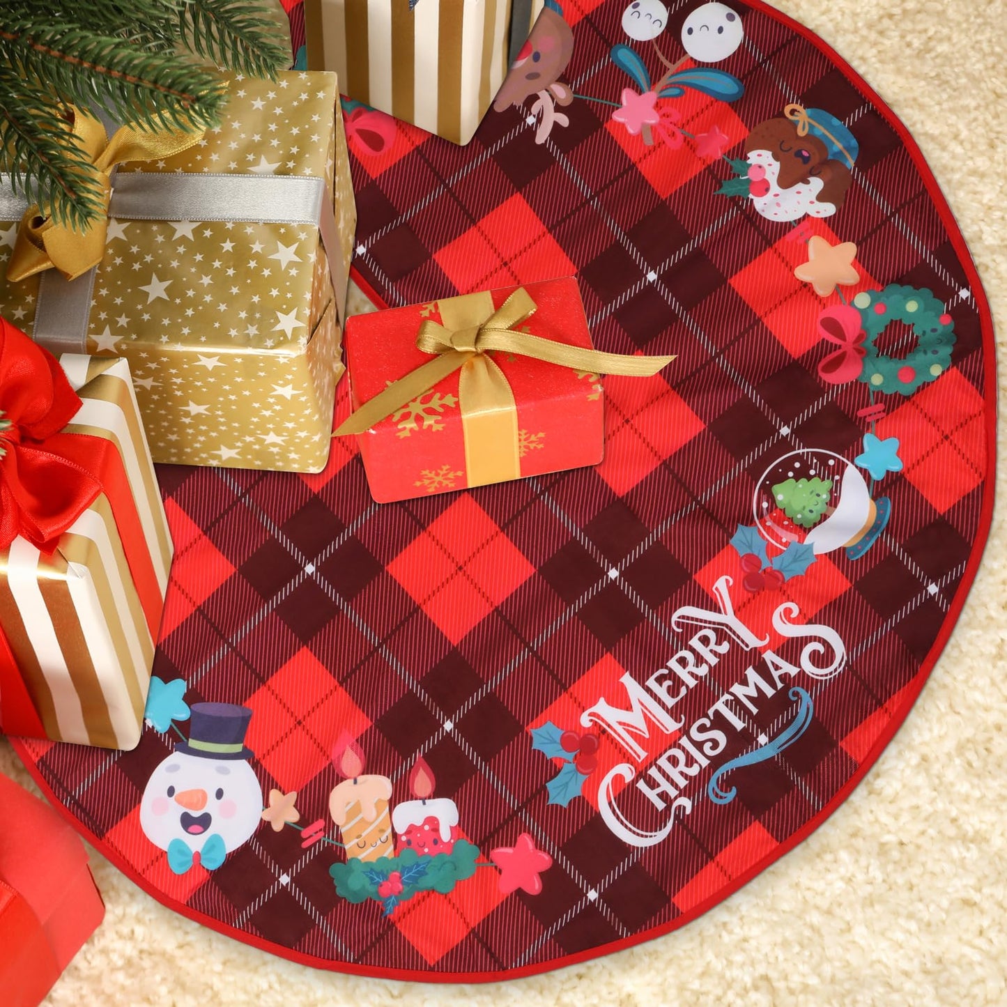 simarro Big Christmas Tree Skirts, 36 Inch Xmas Tree Skirts Merry Christmas Snowflake Rustic Farmhouse Christmas Tree Mat Ornaments for Indoor Outdoor Holiday Party