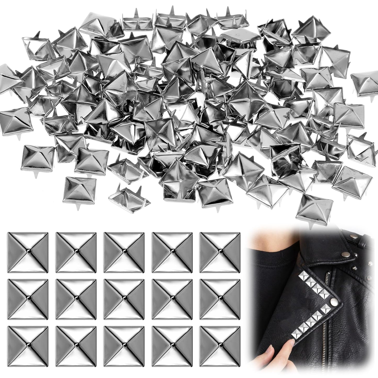 MBAIYO 100 Pieces Square Rivets Metal, 8 mm Rivets for Leather Pyramid Spike Rivets Set DIY Punk Decorative Studs Silver Studs for Bags Leather Band Clothing Gloves