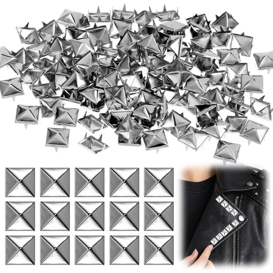 MBAIYO 100 Pieces Square Rivets Metal, 8 mm Rivets for Leather Pyramid Spike Rivets Set DIY Punk Decorative Studs Silver Studs for Bags Leather Band Clothing Gloves