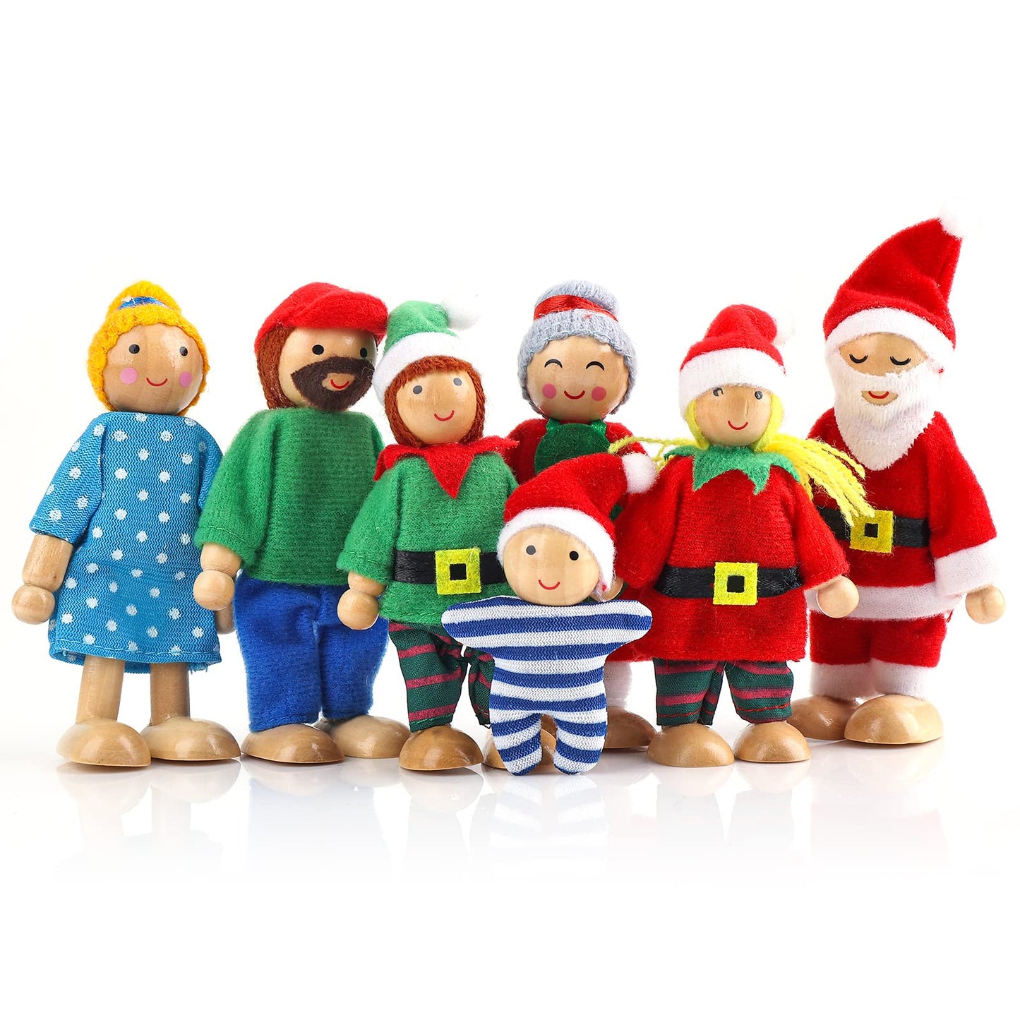 cobee Wooden Christmas Dollhouse People, 7PCS Mini Christmas Family Dollhouse Dolls Set Lovely Family Figures Kids Happy Playset Family Role Play Pretend Play Dolls House Accessories