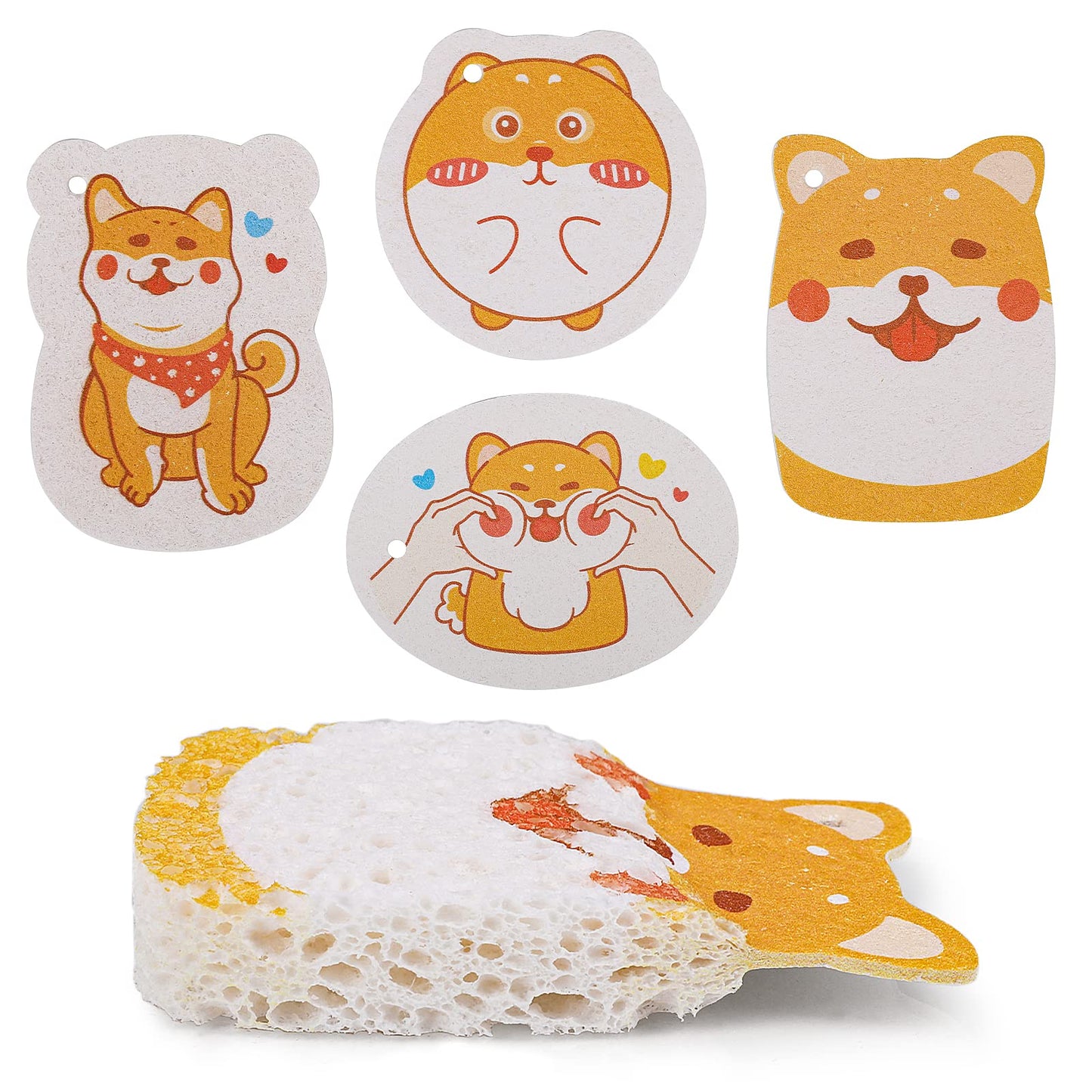 TIESOME Cute Compressed Kitchen Sponges, Non-Scratch 4 Pieces Cellulose Cleaning Sponges Reusable Washing Dish Sponge Degradable Pop up Sponges for Dish Glass Floors Cleaning