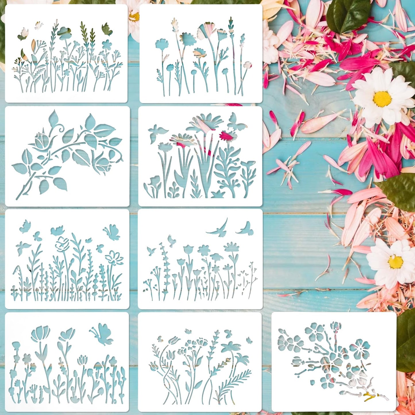 Amaxiu Flower Stencils for Painting, 9 PCS Reusable Floral Stencil Wildflower Stencils Spring Stencils Drawing Templates Stencils DIY Craft Template for Painting Furniture DIY Home Decor, 5 x 6Inch