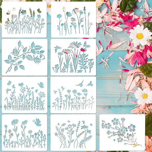 Amaxiu Flower Stencils for Painting, 9 PCS Reusable Floral Stencil Wildflower Stencils Spring Stencils Drawing Templates Stencils DIY Craft Template for Painting Furniture DIY Home Decor, 5 x 6Inch