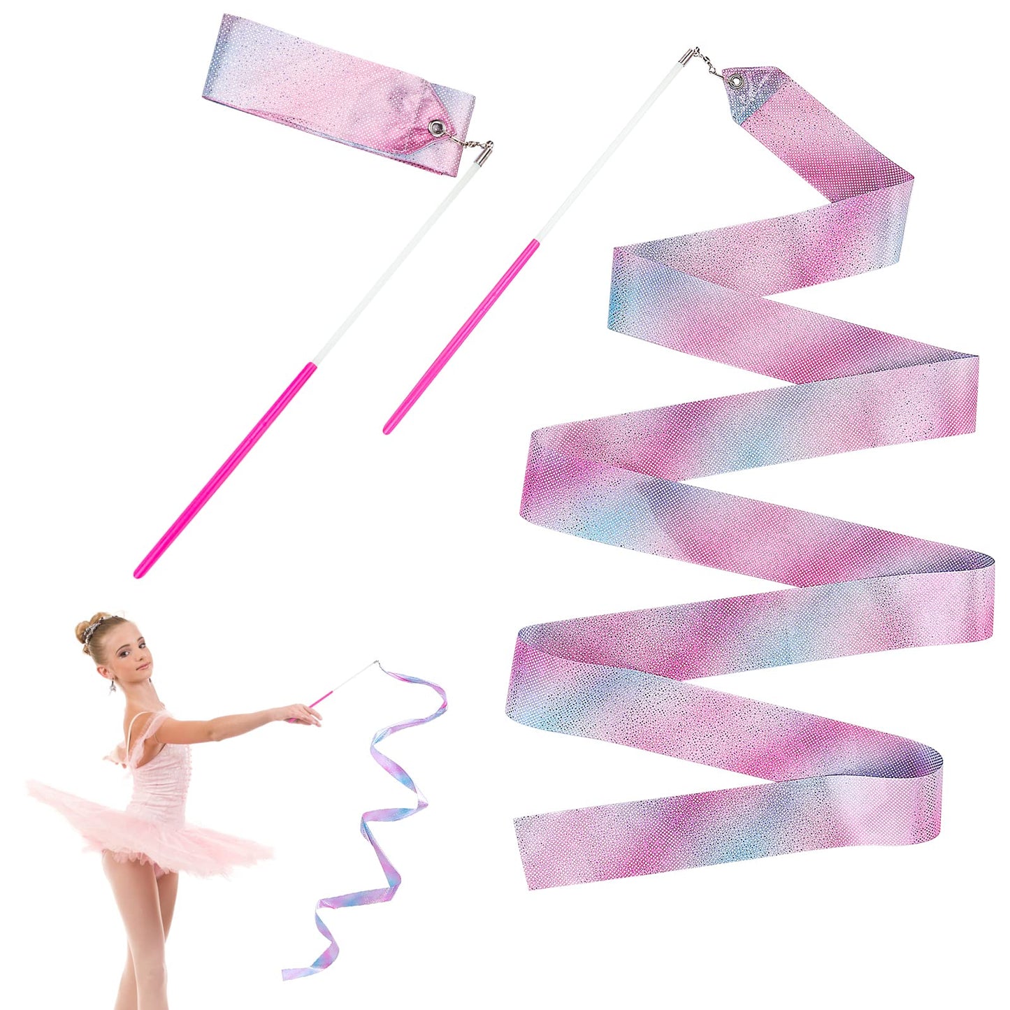 Cobee Gymnastics Dance Ribbons, 2 Pieces 78.7 Inch Sparkling Dancing Ribbons Rhythmic Dance Ribbon with Wand Ribbons Streamers for Adults Kids Artistic Dancing Training