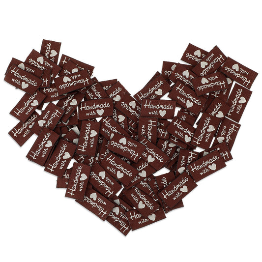 Jeffdad 100 Pcs Sewing Labels for Handmade Items, Handmade with Love Labels Embossed Tags Sew on Clothing, Fabric Labels for DIY Crafts Knitting Crocheting Sewing (Deep Brown)