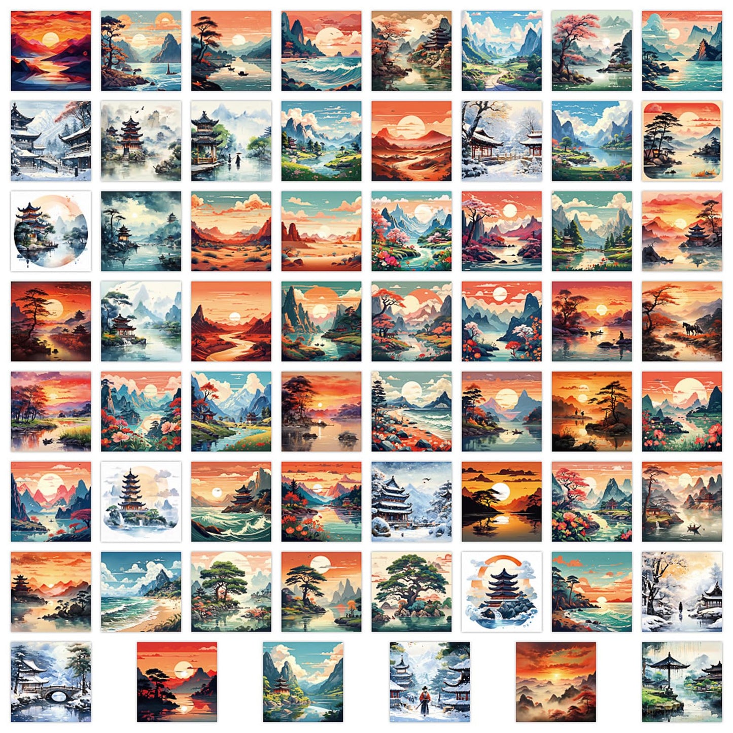 GEEHUA 63PCS Nature Landscape Stickers, Ancient Chinese Aesthetic Travel Landscape Painting Stickers Ancient Beautiful Scenery Architecture Decals for Water Bottles Laptops Calendars Phone Cases