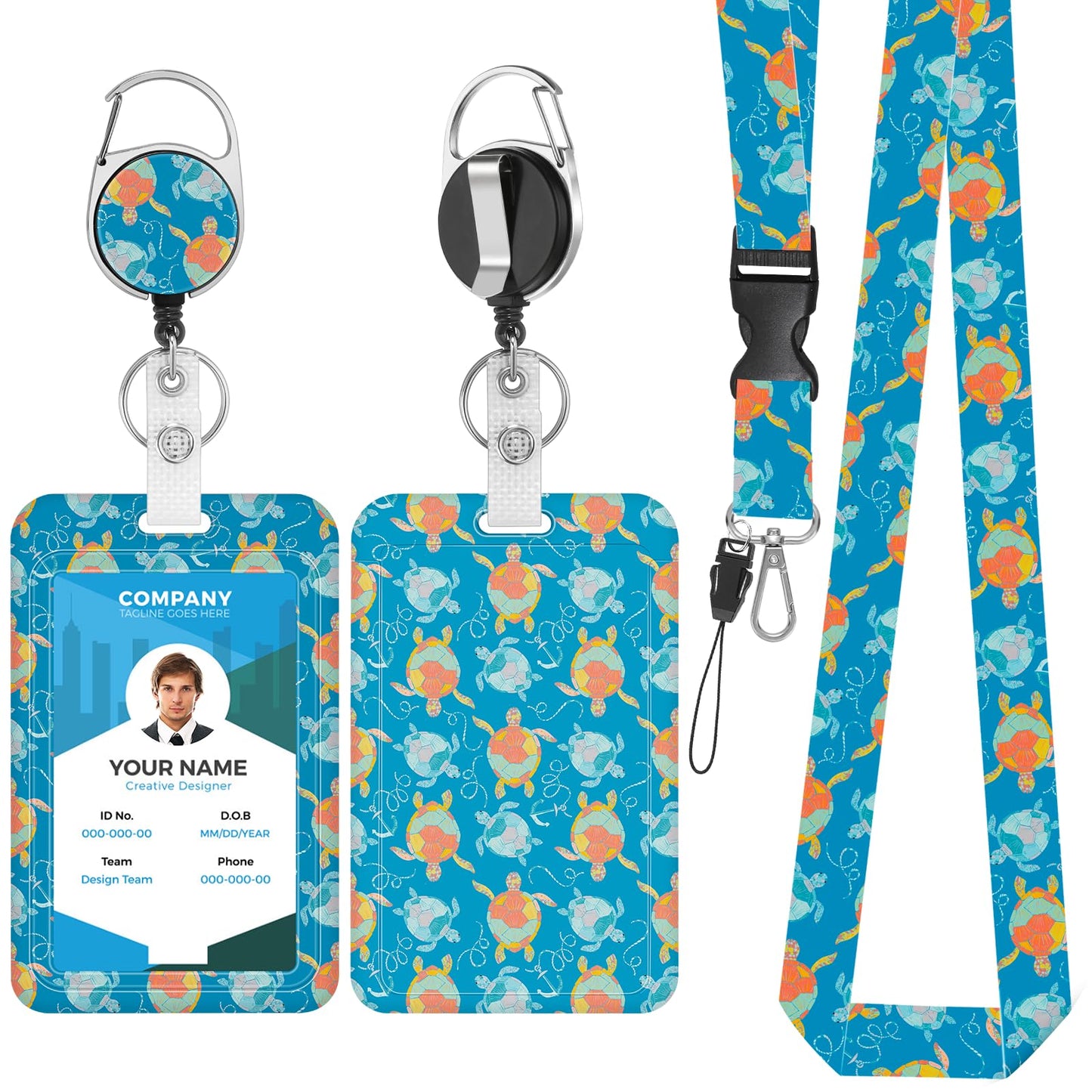 Amabro Sea Turtles ID Badge Holder Breakaway Lanyard, Plastic Protector ID Card Holder with Retractable Reel Clip Lanyard for Nurse Teacher Student (Style-B)