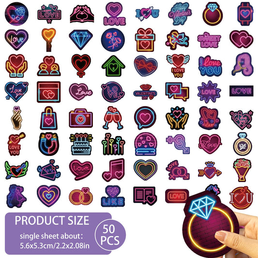 AOZUO Neon Love Stickers, 64Pcs Graffiti Water Bottle Sticker, Waterproof Vinyl Scrapbook Aesthetic Decals Cute Neon Light Laptop Stickers for Scrapbooking Computer Luggage Guitar Skateboard Helmet