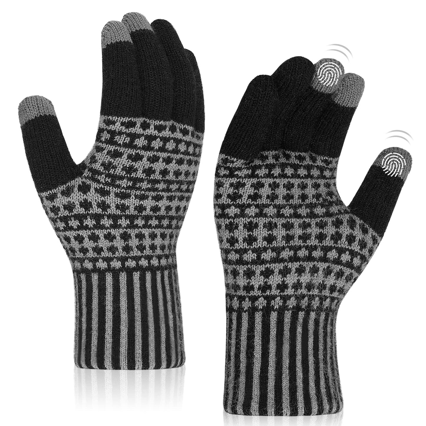 TIESOME Winter Warm Touchscreen Gloves, Running Gloves Men and Women Knitted Touch Screen Thermal Gloves Fleece Lined Knit Anti-Slip Wool Glove (Black)