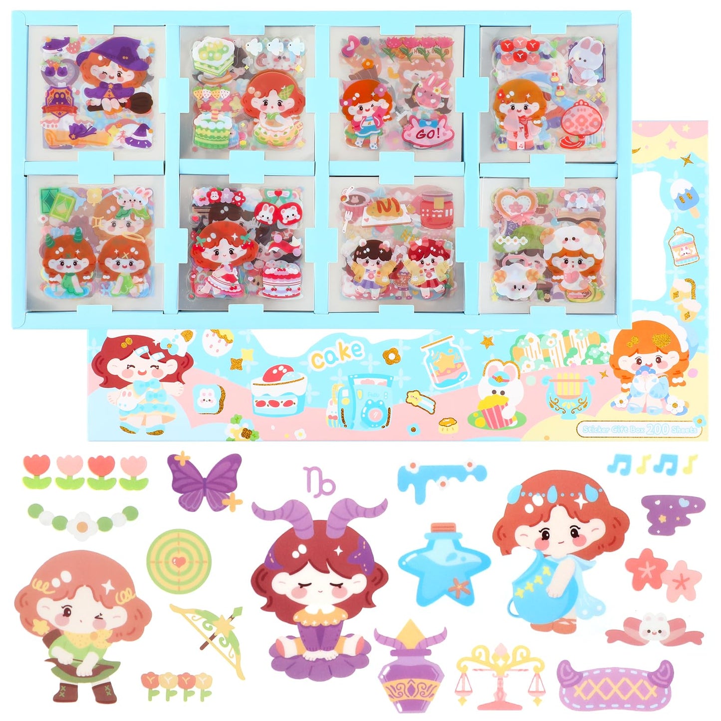 Amabro Kawaii Cute Stickers Set, 200 Sheets PET Transparent Waterproof Stickers Kit Cartoon Girls Stickers Decal Boxed Gifts for Notebook Laptop Scrapbook Journaling Water Bottles(Blue)