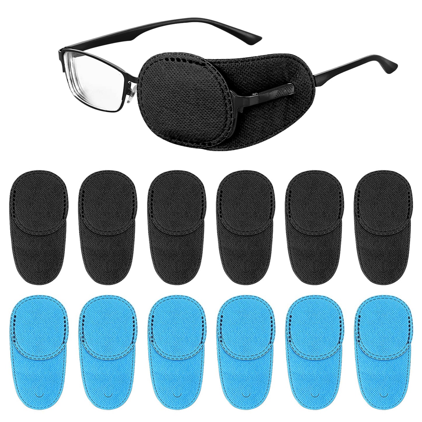cobee Eye Patches for Glasses, 12 Pieces Eye Glass Cover Eye Patch for Adults Kids Right & Left Eye Patches for Lazy Eye Amblyopia Strabismus Blue and Black