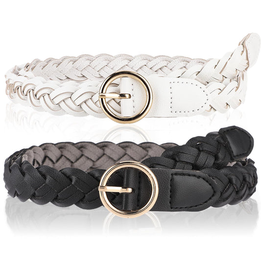 Amaxiu 2Pcs Women Braided Skinny Leather Belts, Handwoven Waist Belt Thin Woven Belt PU Leather Braided Belt for Dress Jean