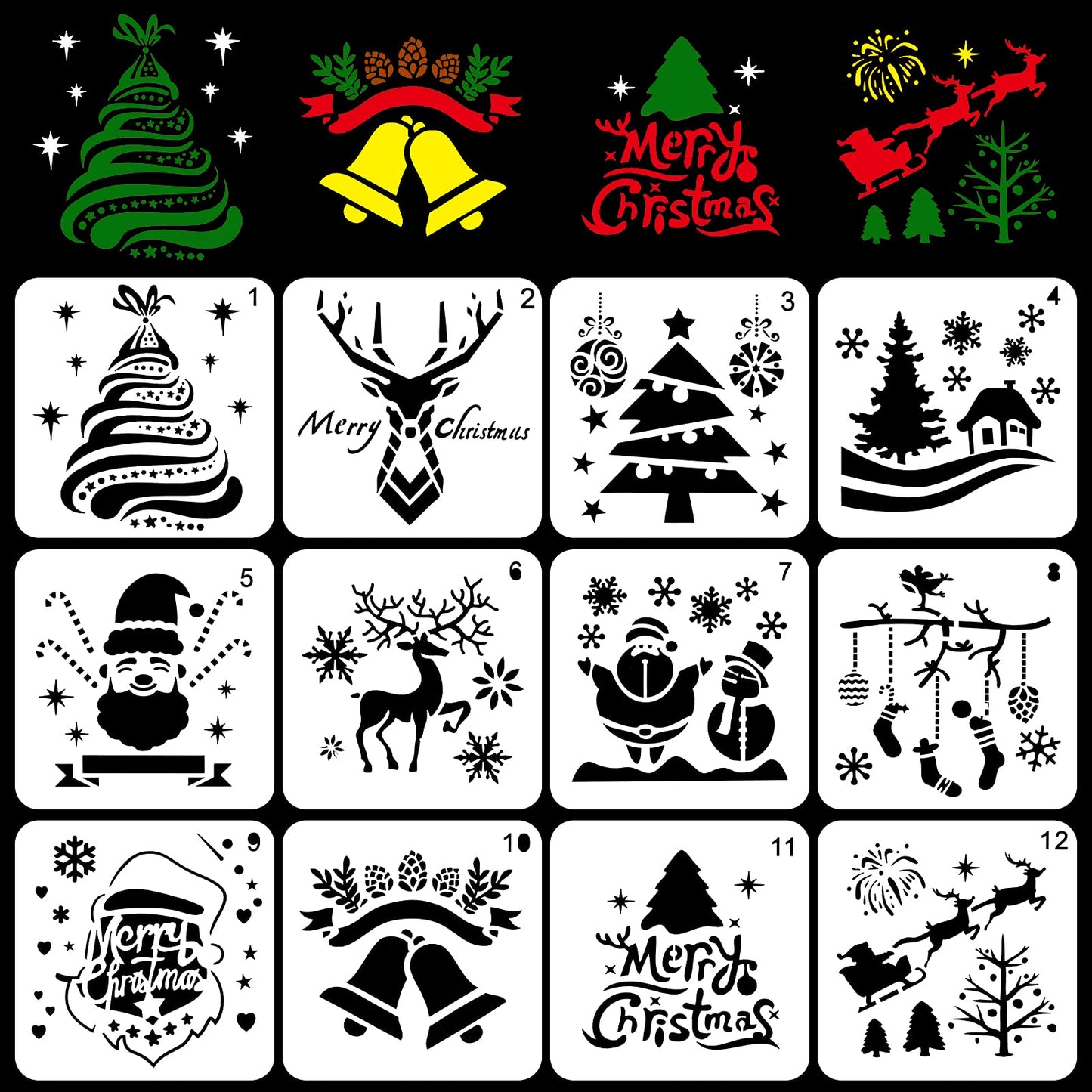 Molain Christmas Stencils Set, 12 Pieces Reusable Plastic Craft for Art Drawing Painting Window Glass Door Car Body Wood Journaling Scrapbook Holiday DIY Decoration 5x5 inch