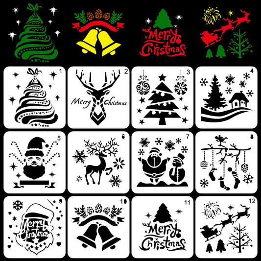 Molain Christmas Stencils Set, 12 Pieces Reusable Plastic Craft for Art Drawing Painting Window Glass Door Car Body Wood Journaling Scrapbook Holiday DIY Decoration 5x5 inch