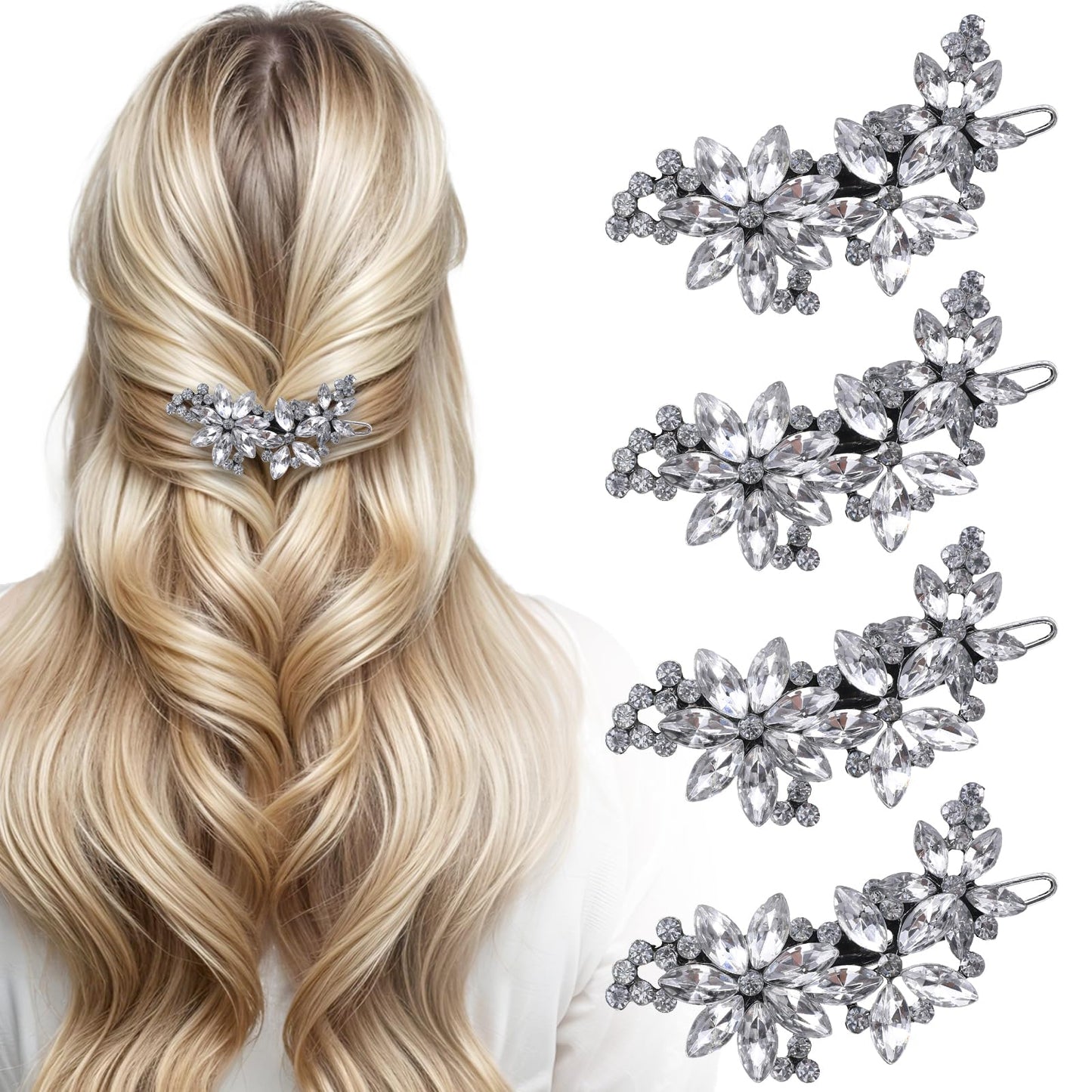 Giantree 2/4 Pcs Crystal Flower Bridal Hair Clips, Silver Bride Wedding Hair Accessories Hair Pins, Rhinestone Flower Wedding Headpiece Crystal Flower Hair Clips for Brides Women Wedding (4Pcs)