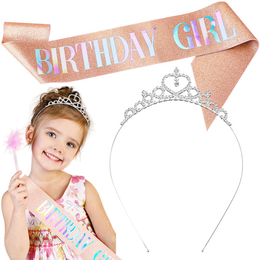 cobee Birthday Girl Sash & Rhinestone Crown Set, Great Birthday Gifts Girl's Crystal Princess Birthday Tiara Elegant Birthday Sash for Girls Women Birthday Party Supplies(Pink)