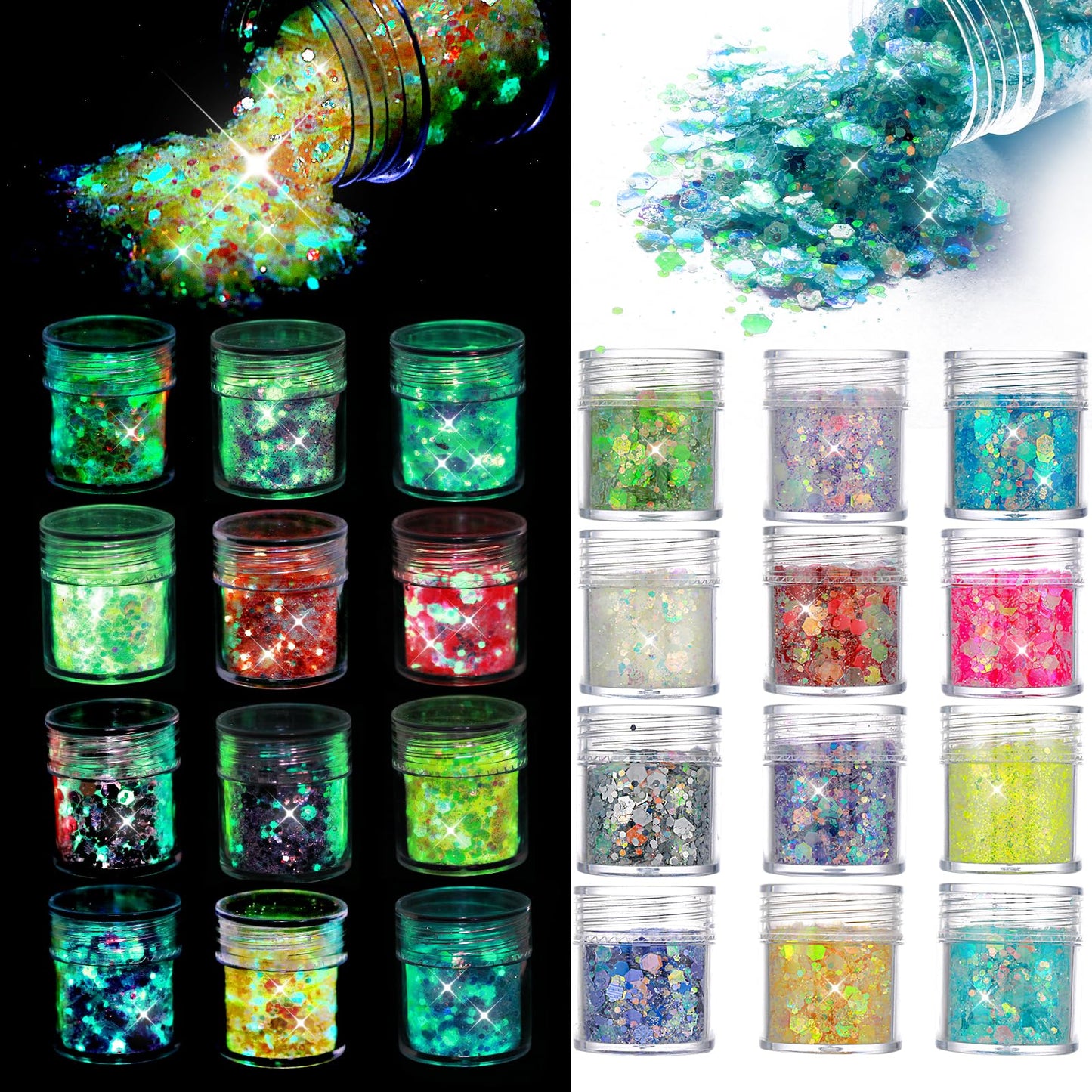 simarro Fluorescent Glitter Sequin, 12 Colors Hex Face Body Glitter Set Nails Hair Body Glitter Accessories for Halloween Makeup Glitter Eyes Lips Body DIY Crafts