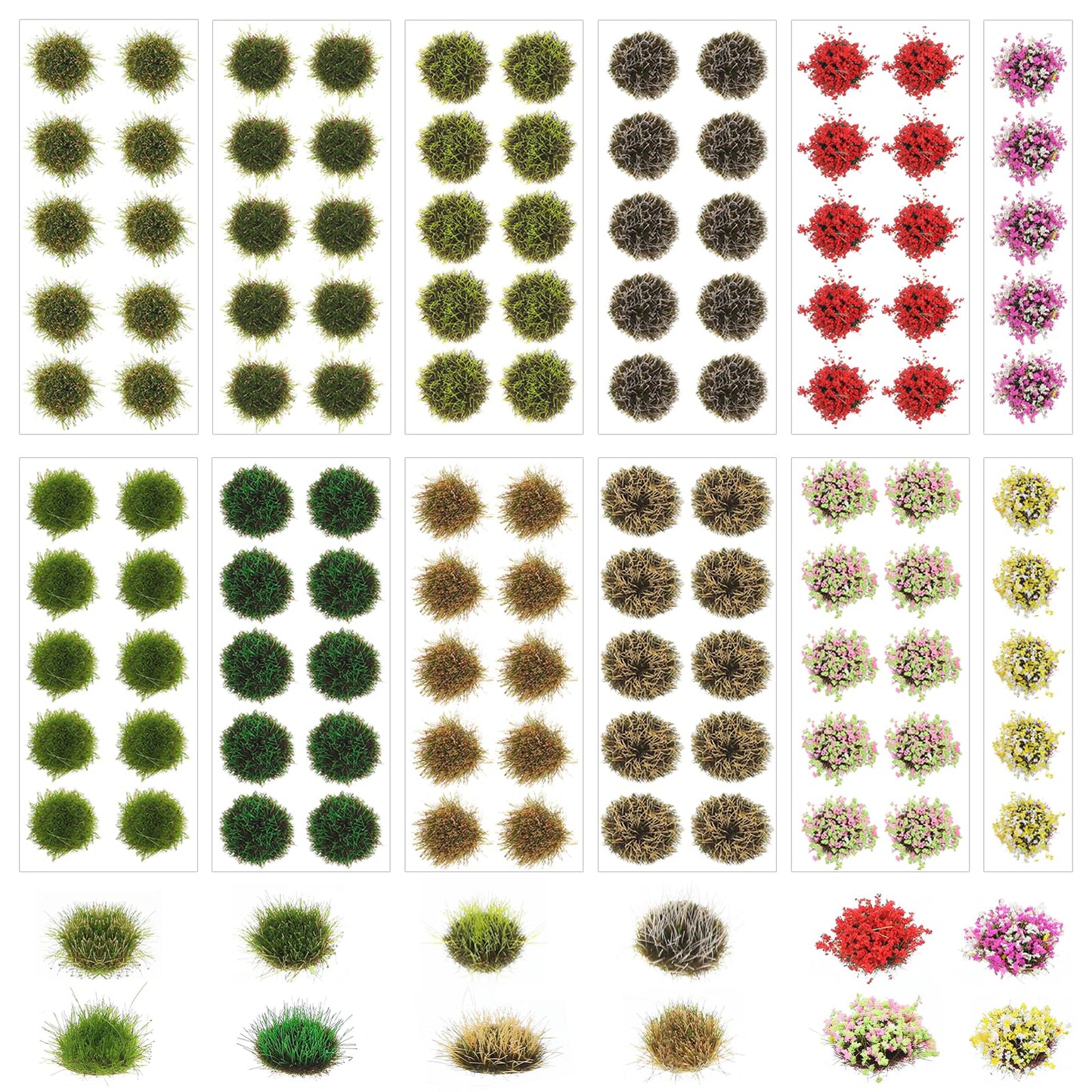 Amabro 110Pcs Static Grass Tufts and Miniature Colorful Flowers Cluster, Self-Adhesive DIY Crafts Diorama Model Grass Base Supplies for Train Landscape Railroad Scenery Sand Terrain Model