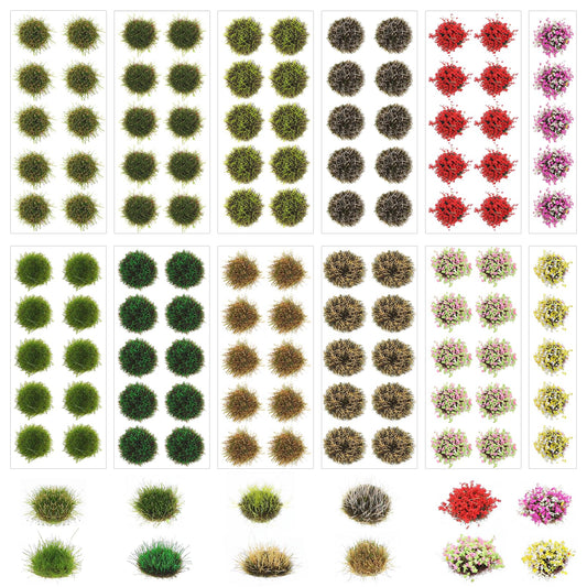 Amabro 110Pcs Static Grass Tufts and Miniature Colorful Flowers Cluster, Self-Adhesive DIY Crafts Diorama Model Grass Base Supplies for Train Landscape Railroad Scenery Sand Terrain Model