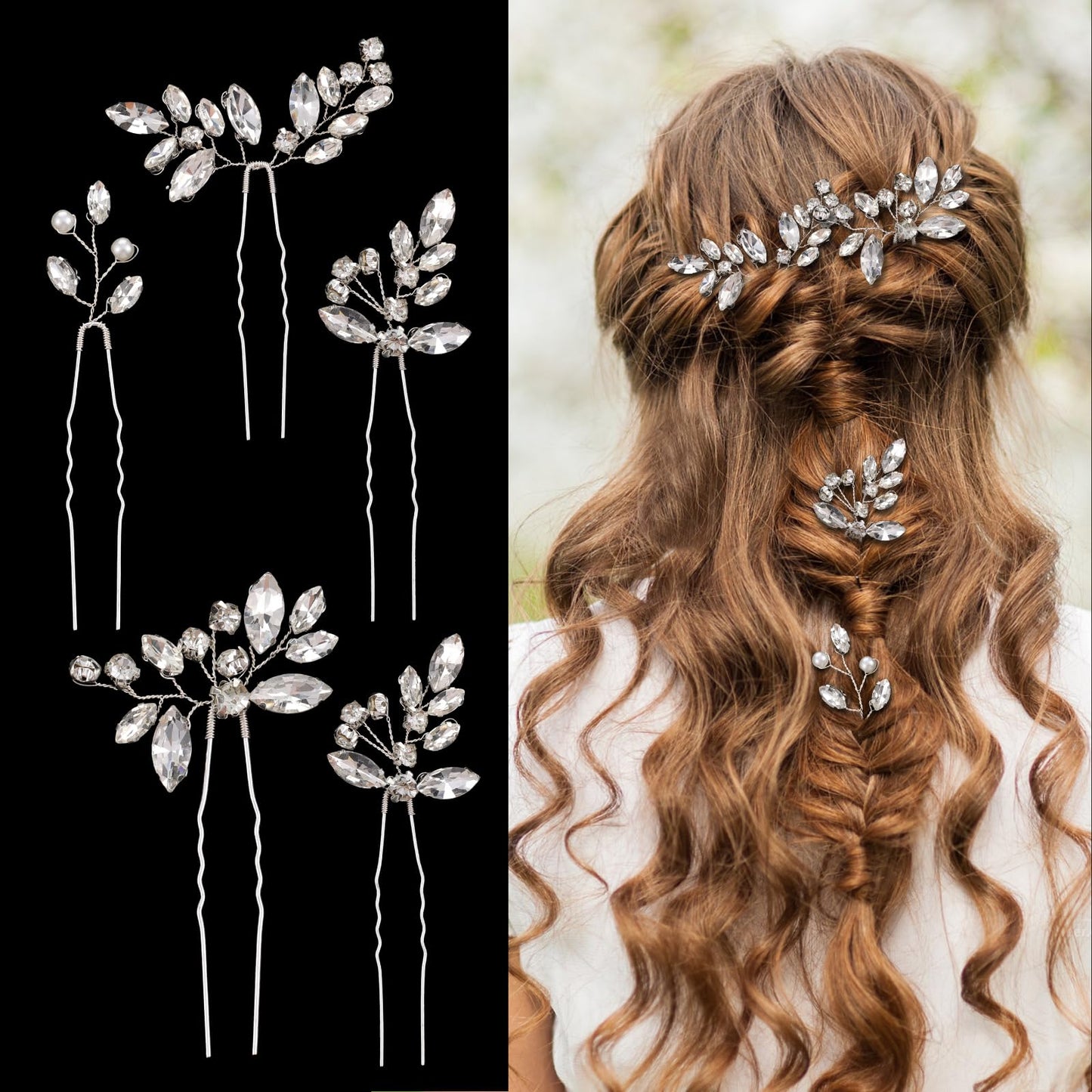 AOZUO 5 Pieces Wedding Rhinestone Hair Pins, Crystal Bride Hair Accessories Silver Flower Pearl Hair Jewelry French Bridal Hair Clips for Women Girls Updo Birthday Party Bridesmaids Headpieces