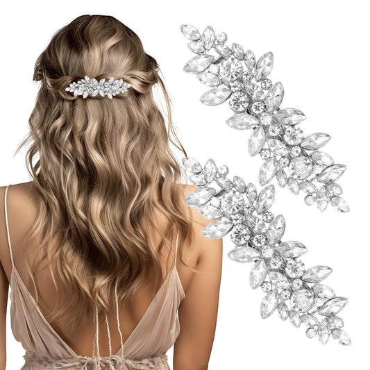 MBAIYO 2Pcs Rhinestone French Barrettes for Woman, Vintage Bridal Wedding Hairpins Silver Sparkly Crystal Hair Clips for Bridal Brides Wedding