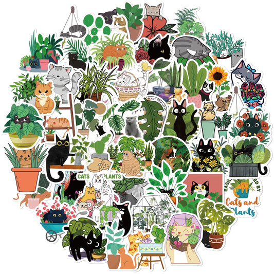 Amaxiu 50PCS Cats and Plants Stickers, Vinyl Waterproof Cute Decals Kawaii Stickers DIY Decorative Stickers for Water Bottle Laptop Phone Luggage Skateboard