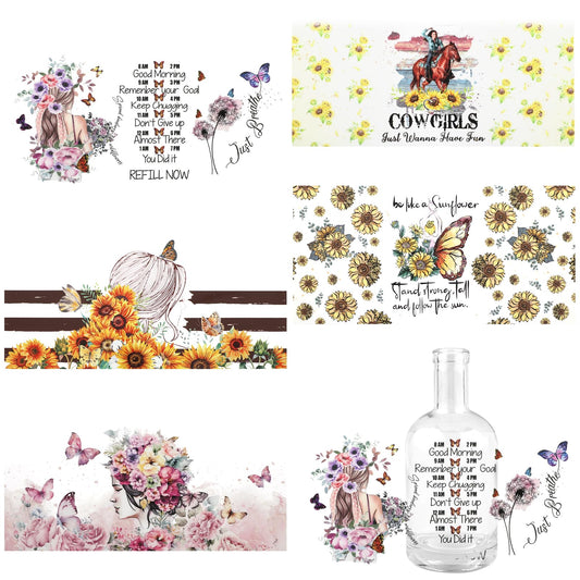 Amabro 5 Sheets UV DTF Transfer Sticker, Rub on Transfer Waterproof Cup Wrap Rub on Flower Transfers Sticker Decals for Craft Wood DIY Glass Mug Decor