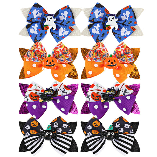 Amaxiu Halloween Cartoon Hair Clips, 8PCS Halloween Hair Accessories Glitter Halloween Hair Clips Halloween Hair Bows Clips Spider Ghost Pumpkin Black Cat Hair Barrette Halloween Costume Props(A)