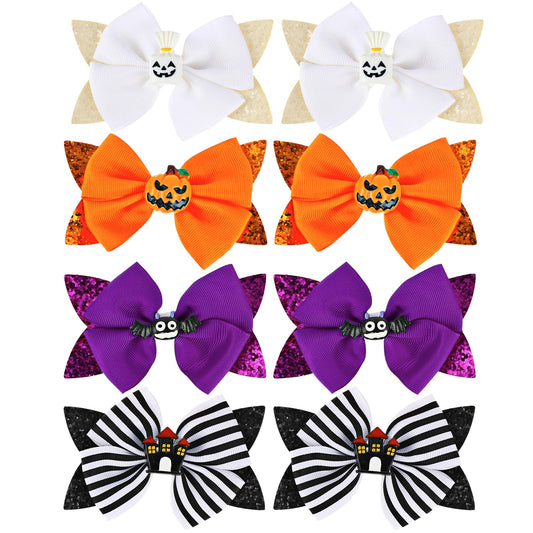Amaxiu Halloween Cartoon Hair Clips, 8PCS Halloween Hair Accessories Glitter Halloween Hair Clips Halloween Hair Bows Clips Bat Ghost Pumpkin Haunted House Hair Barrette Halloween Costume Props(B)