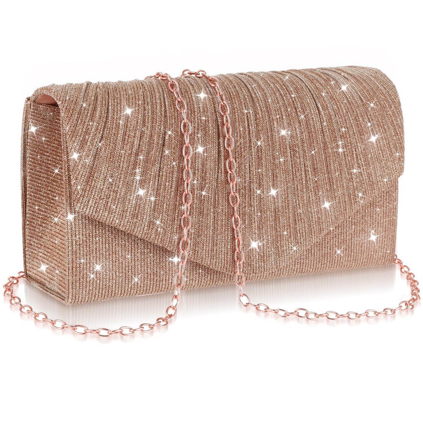 simarro Women's Evening Bag Clutch Purses, Shiny Pleated Striped Underarm Bag with Detachable Chain Ladies Party Handbag Clutch Bag for Prom Party Wedding Engagement(Champagne gold)
