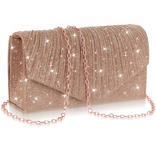 simarro Women's Evening Bag Clutch Purses, Shiny Pleated Striped Underarm Bag with Detachable Chain Ladies Party Handbag Clutch Bag for Prom Party Wedding Engagement(Champagne gold)